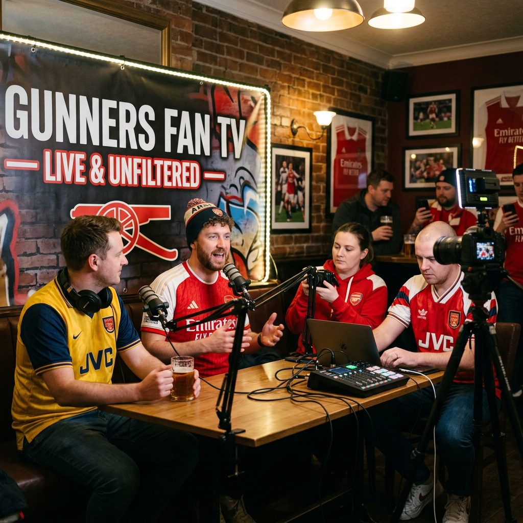 Four Arsenal fans recording a live podcast with microphones and camera in a pub